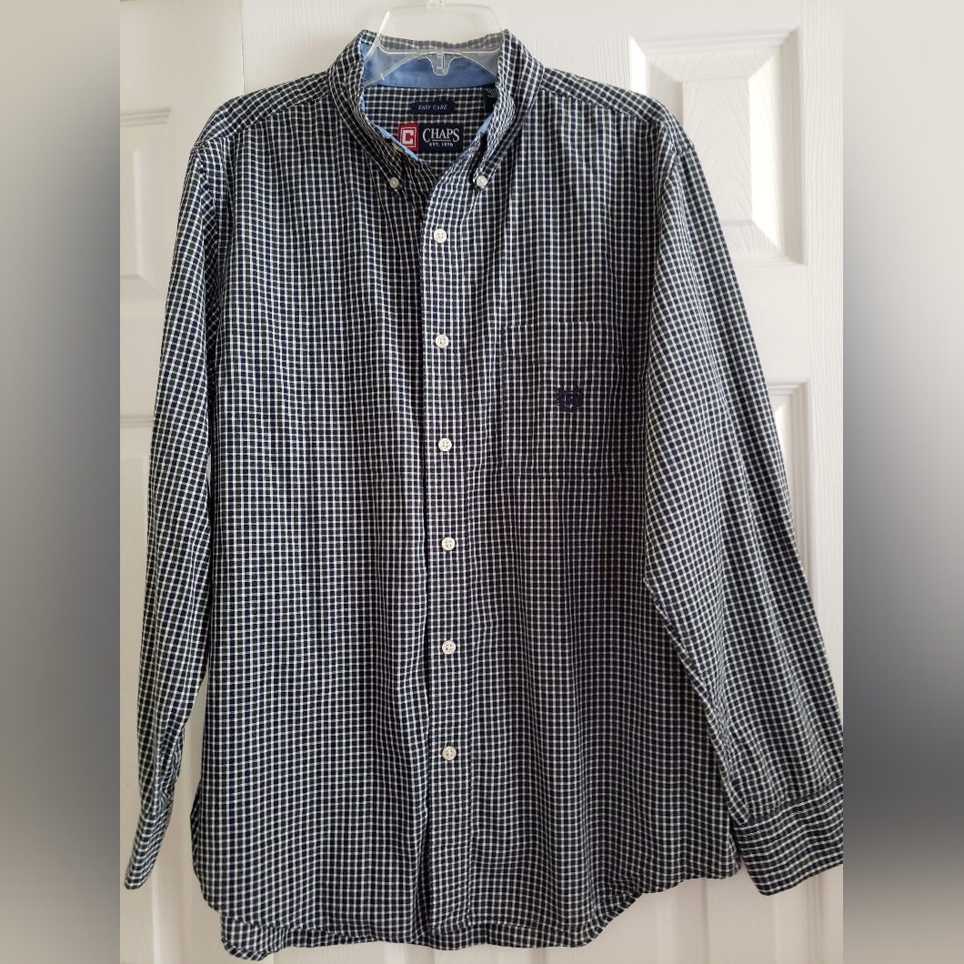 Chaps Easy Care Button Up Long Sleeve Navy And Green Checked Shirt Men's Large